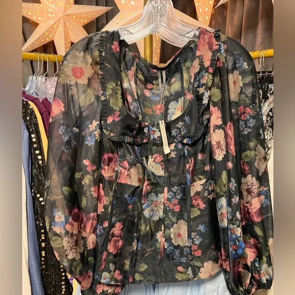 Anthropologie Floral Sheer Blouse - Black, Pink, Blue - Picture 4 of 6